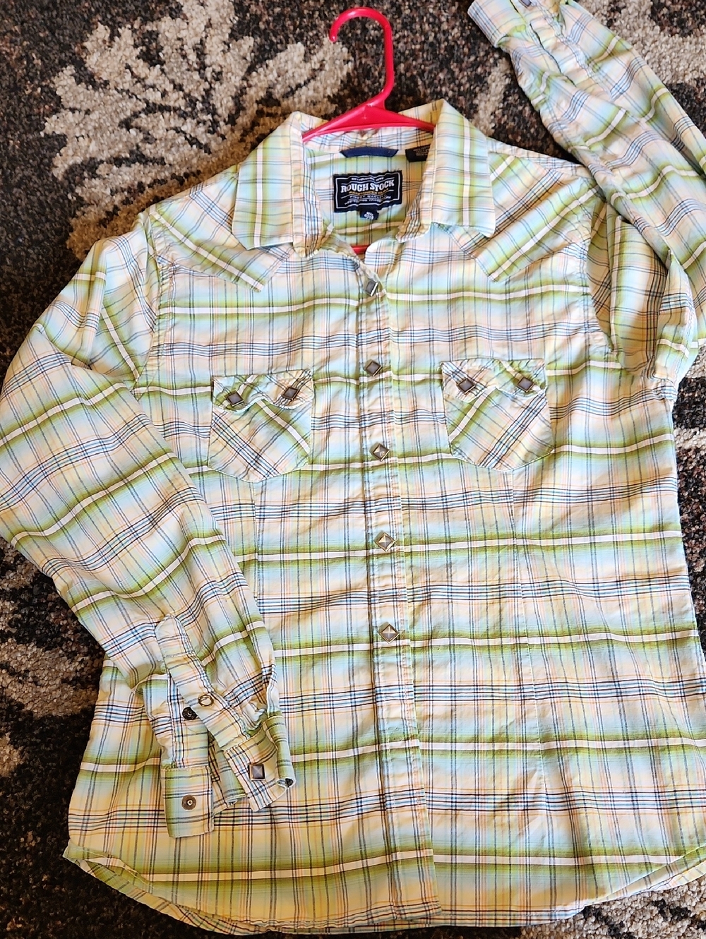Rough Stock Women’s Light Green Plaid Button-Down Shirt